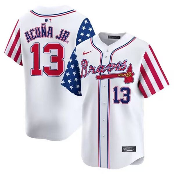 Personalized Men’s Atlanta Braves #13 Ronald Acuña Jr. White 2024 Independence Day Limited Stitched Baseball Jersey