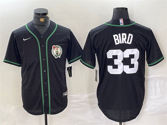 Personalized Men’s Boston Celtics #33 Larry Bird Black With Patch Stitched Baseball Jersey