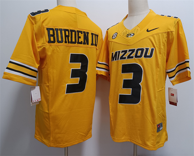 Personalized Men’s Missouri Tigers #3 Luther Burden III 2023 F.U.S.E. Yellow Rose Bowl Patch Stitched Jersey