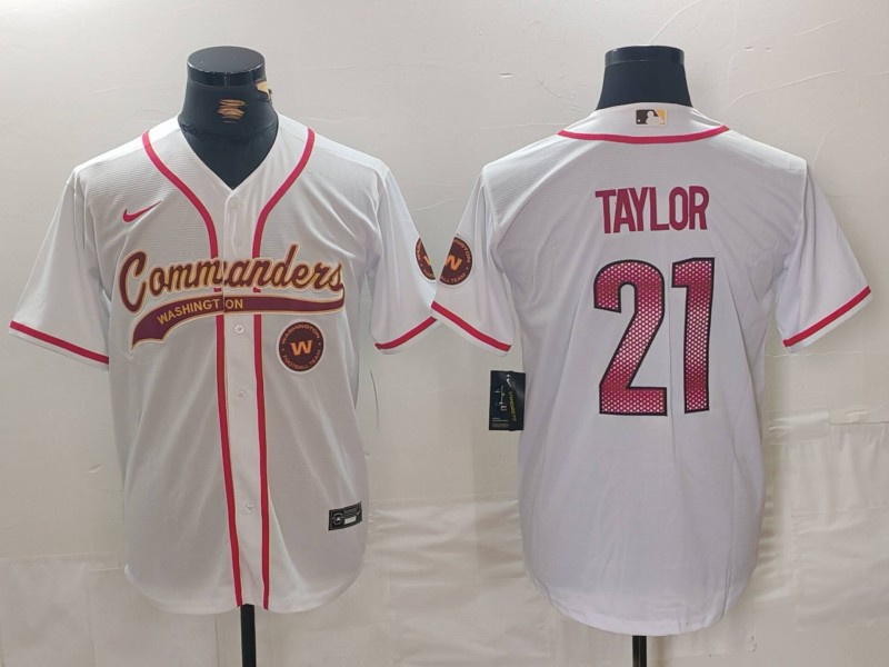 Personalized Men’s Washington Commanders #21 Sean Taylor White With Patch Cool Base Stitched Baseball Jerseys