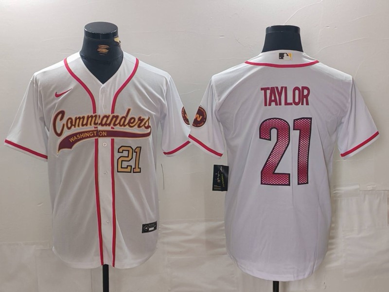 Personalized Men’s Washington Commanders #21 Sean Taylor White With Patch Cool Base Stitched Baseball Jerseys