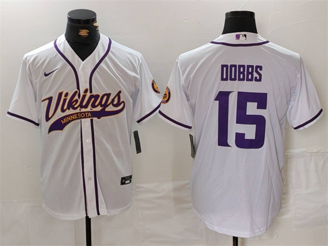 Personalized Men’s Minnesota Vikings #15 Joshua Dobbs White Cool Base Stitched Baseball Jersey