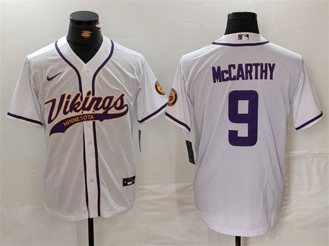 Personalized Men’s Minnesota Vikings #9 J.J. McCarthy White Cool Base Stitched Baseball Jersey