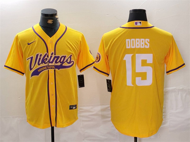 Personalized Men’s Minnesota Vikings #15 Joshua Dobbs Yellow Cool Base Stitched Baseball Jersey