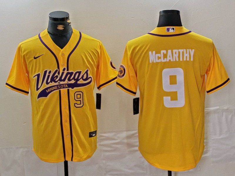 Personalized Men’s Minnesota Vikings #9 J.J. McCarthy Yellow Cool Base Stitched Baseball Jersey