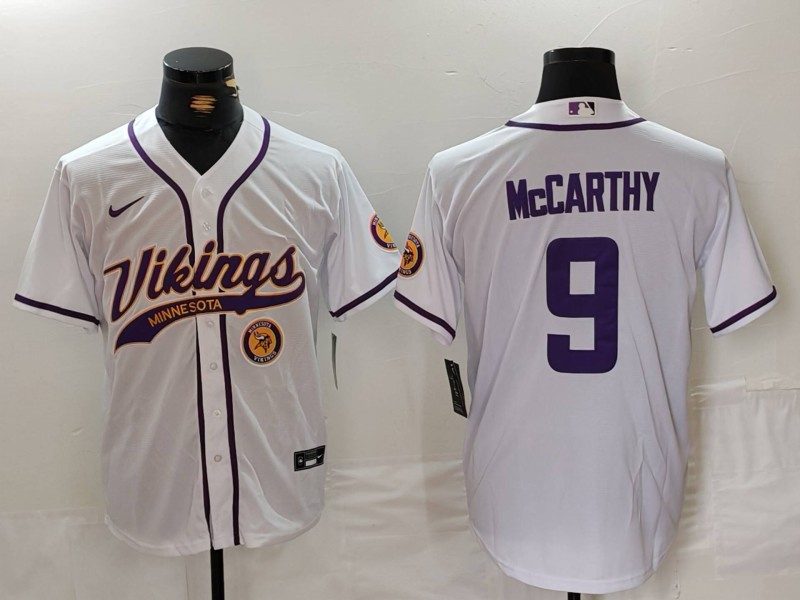 Personalized Men’s Minnesota Vikings #9 J.J. McCarthy White Cool Base Stitched Baseball Jerseys