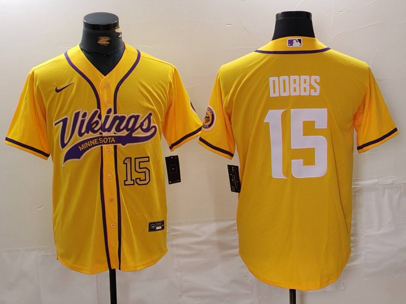 Personalized Men’s Minnesota Vikings #15 Joshua Dobbs Yellow Cool Base Stitched Baseball Jerseys