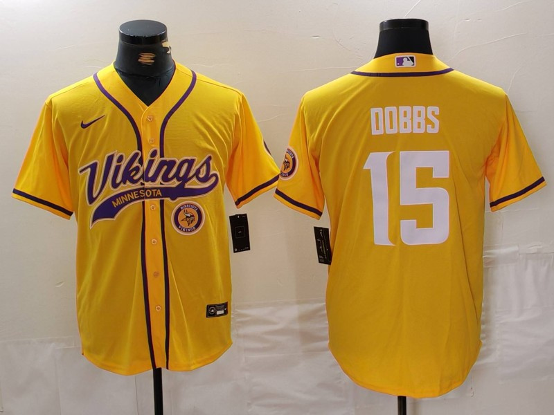 Personalized Men’s Minnesota Vikings #15 Joshua Dobbs Yellow Cool Base Stitched Baseball Jerseys