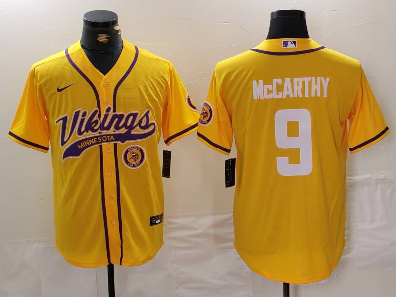 Personalized Men’s Minnesota Vikings #9 J.J. McCarthy Yellow Cool Base Stitched Baseball Jerseys