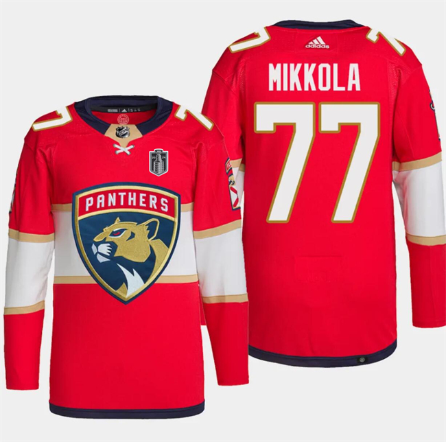 Personalized Men’s Florida Panthers #77 Niko Mikkola Red 2024 Stanley Cup Final Patch Stitched Jersey