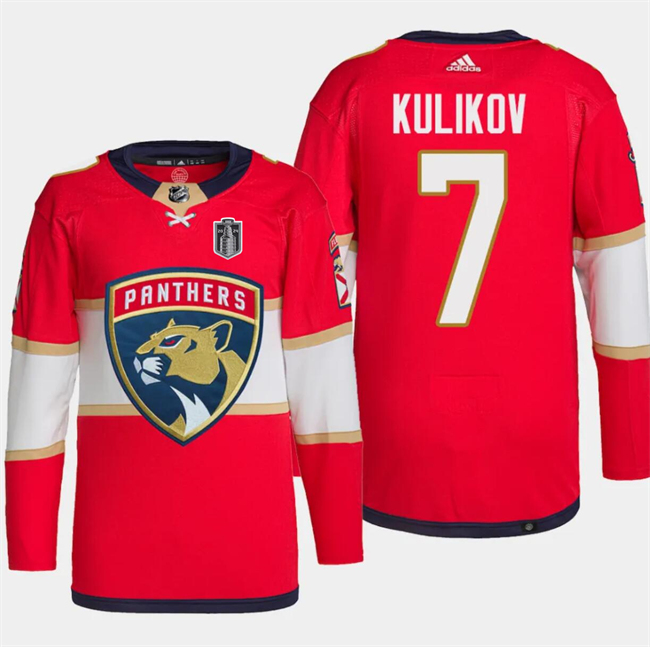 Personalized Men’s Florida Panthers #7 Dmitry Kulikov Red 2024 Stanley Cup Final Patch Stitched Jersey