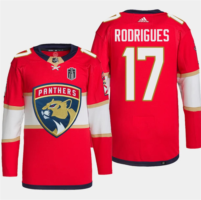 Personalized Men’s Florida Panthers #17 Evan Rodrigues Red 2024 Stanley Cup Final Patch Stitched Jersey