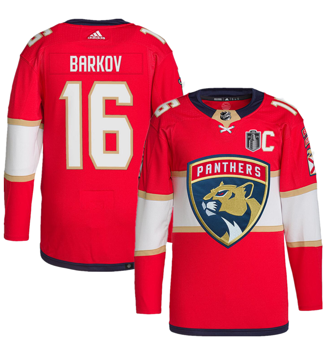 Personalized Men’s Florida Panthers #16 Aleksander Barkov Red 2024 Stanley Cup Final Patch Stitched Jersey