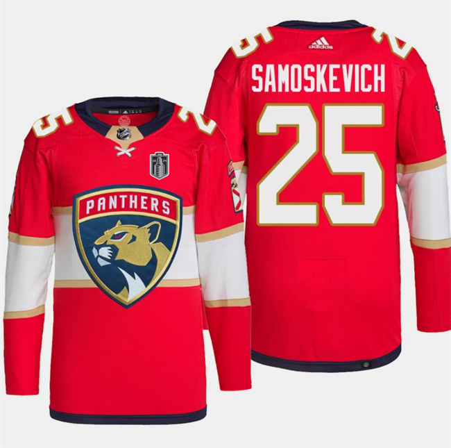 Personalized Men’s Florida Panthers #25 Mackie Samoskevich Red 2024 Stanley Cup Final Patch Stitched Jersey