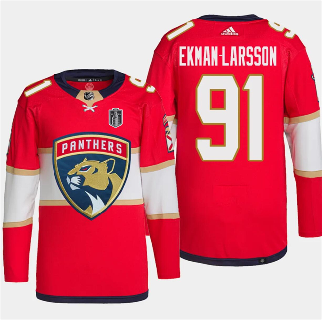 Personalized Men’s Florida Panthers #91 Oliver Ekman-Larsson Red 2024 Stanley Cup Final Patch Stitched Jersey
