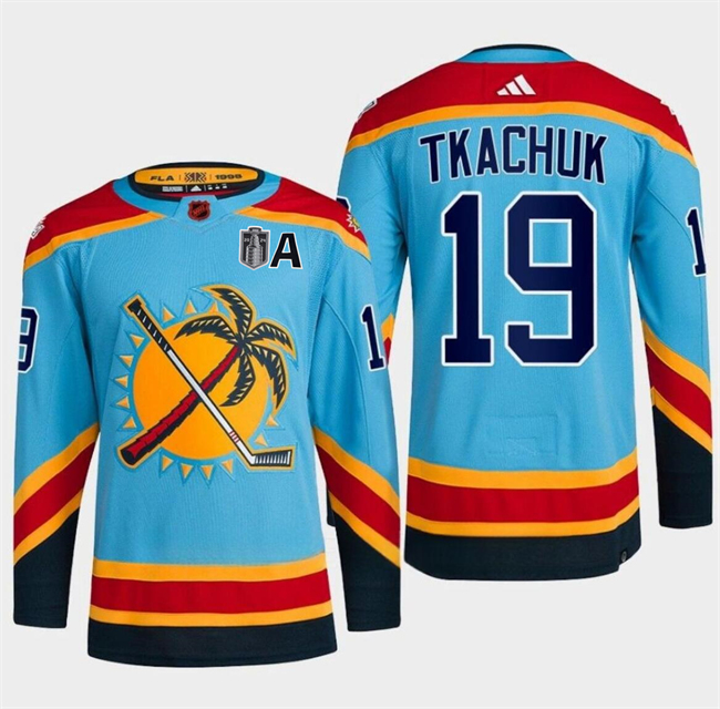 Personalized Men’s Florida Panthers #19 Matthew Tkachuk Blue 2024 Stanley Cup Final Patch Reverse Retro Stitched Jersey