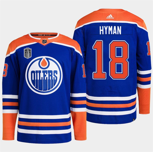 Personalized Men’s Edmonton Oilers #18 Zach Hyman Royal 2024 Stanley Cup Final Patch Stitched Jersey