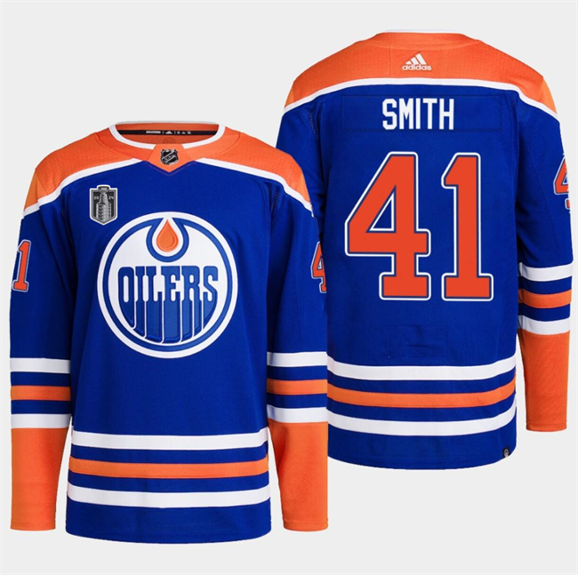 Personalized Men’s Edmonton Oilers #41 Mike Smith Royal 2024 Stanley Cup Final Patch Stitched Jersey