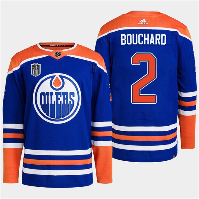 Personalized Men’s Edmonton Oilers #2 Evan Bouchard Royal 2024 Stanley Cup Final Patch Stitched Jersey