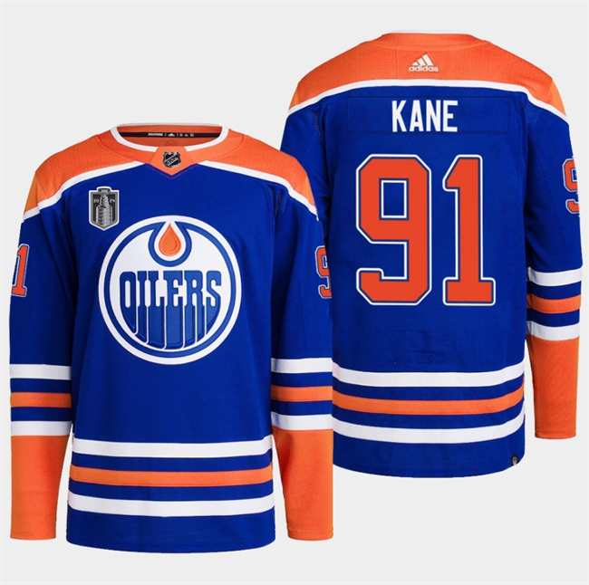 Personalized Men’s Edmonton Oilers #91 Evander Kane Royal 2024 Stanley Cup Final Patch Stitched Jersey