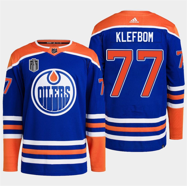 Personalized Men’s Edmonton Oilers #77 Oscar Klefbom Royal 2024 Stanley Cup Final Patch Stitched Jersey