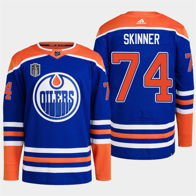 Personalized Men’s Edmonton Oilers #74 Stuart Skinner Royal 2024 Stanley Cup Final Patch Stitched Jersey
