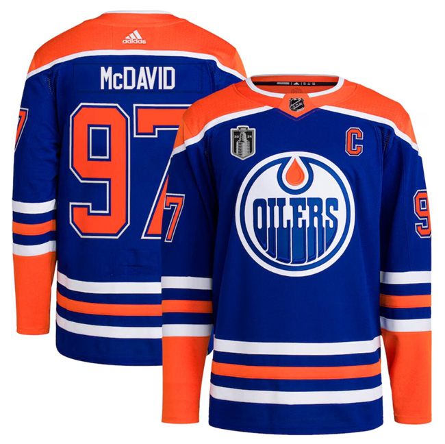 Personalized Men’s Edmonton Oilers #97 Connor McDavid Royal 2024 Stanley Cup Final Patch Stitched Jersey