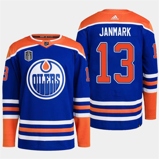 Personalized Men’s Edmonton Oilers #13 Mattias Janmark Royal 2024 Stanley Cup Final Patch Stitched Jersey
