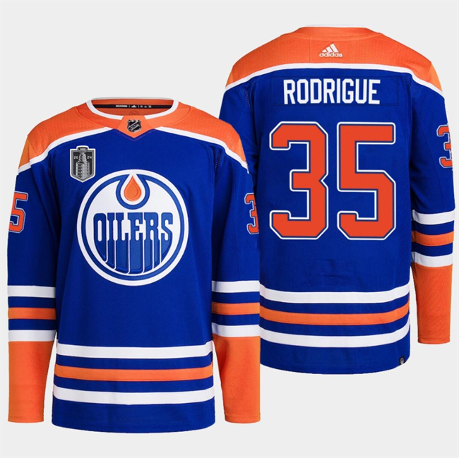 Personalized Men’s Edmonton Oilers #35 Olivier Rodrigue Royal 2024 Stanley Cup Final Patch Stitched Jersey