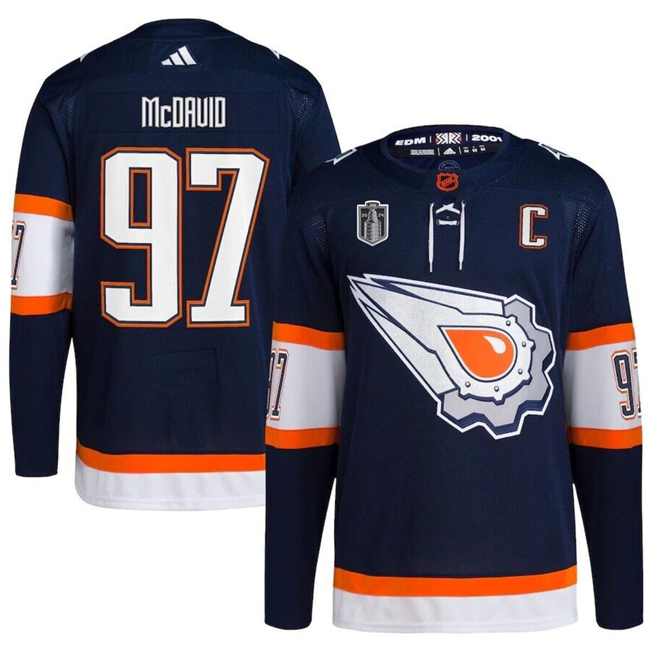 Personalized Men’s Edmonton Oilers #97 Connor McDavid Navy 2024 Stanley Cup Final Patch Reverse Retro Stitched Jersey