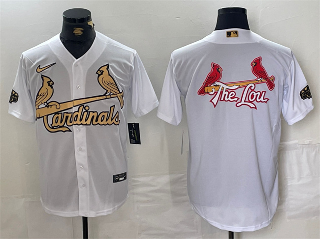 Personalized Men’s St. Louis Cardinals Team Big Logo All-Star White Gold Stitched Baseball Jersey