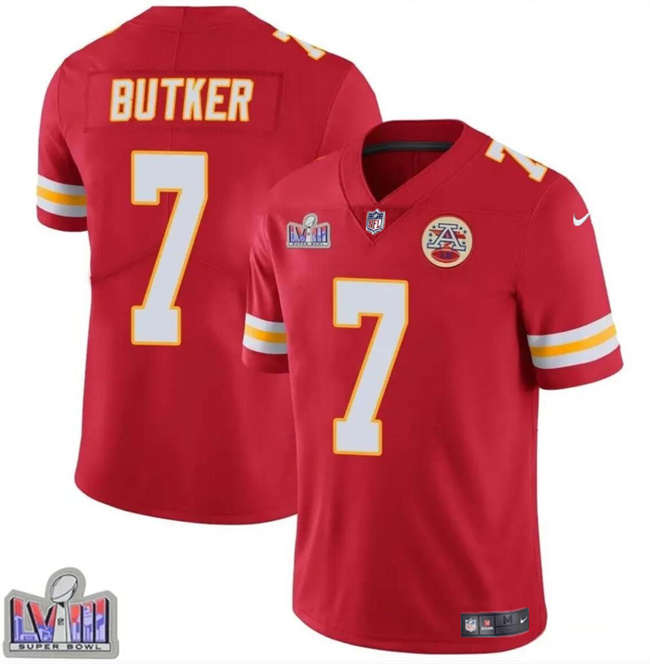 Personalized Men’s Kansas City Chiefs #7 Harrison Butker Red Super Bowl LVIII Patch Untouchable Limited Stitched Football Jersey