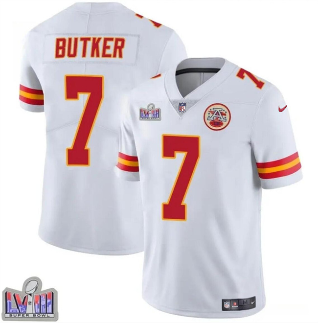 Personalized Men’s Kansas City Chiefs #7 Harrison Butker White Super Bowl LVIII Patch Untouchable Limited Stitched Football Jersey