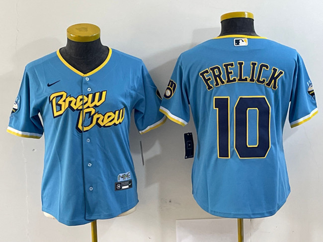 Personalized Women’s Milwaukee Brewers #10 Sal Frelick Powder Blue City Connect Cool Base Stitched Jersey(Run Small)