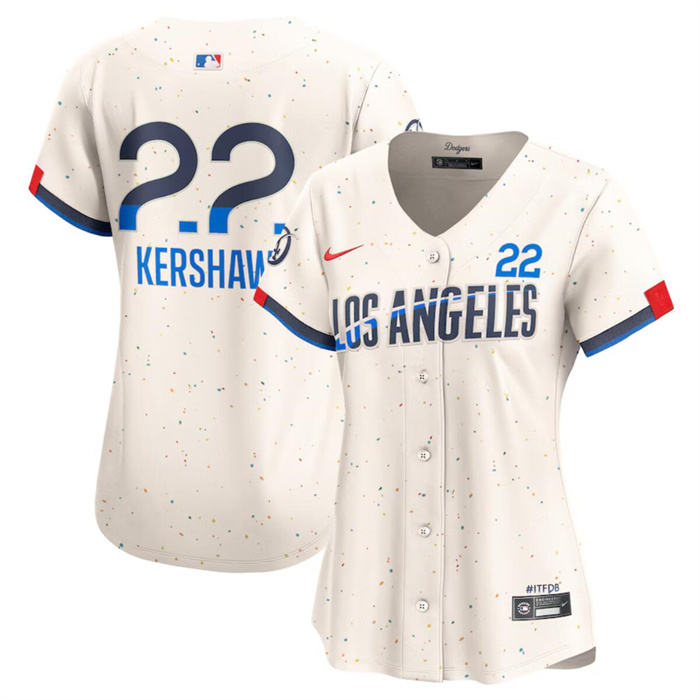 Personalized Women’s Los Angeles Dodgers #22 Clayton Kershaw Cream 2024 City Connect Limited Stitched Jersey(Run Small)