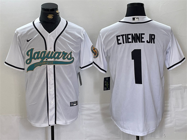 Personalized Men’s Jacksonville Jaguars #1 Travis Etienne Jr. White With Patch Cool Base Stitched Baseball Jersey