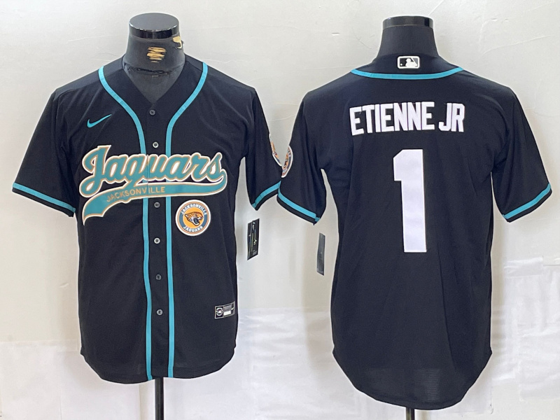 Personalized Men’s Jacksonville Jaguars #1 Travis Etienne Jr. Black With Patch Cool Base Stitched Baseball Jerseys