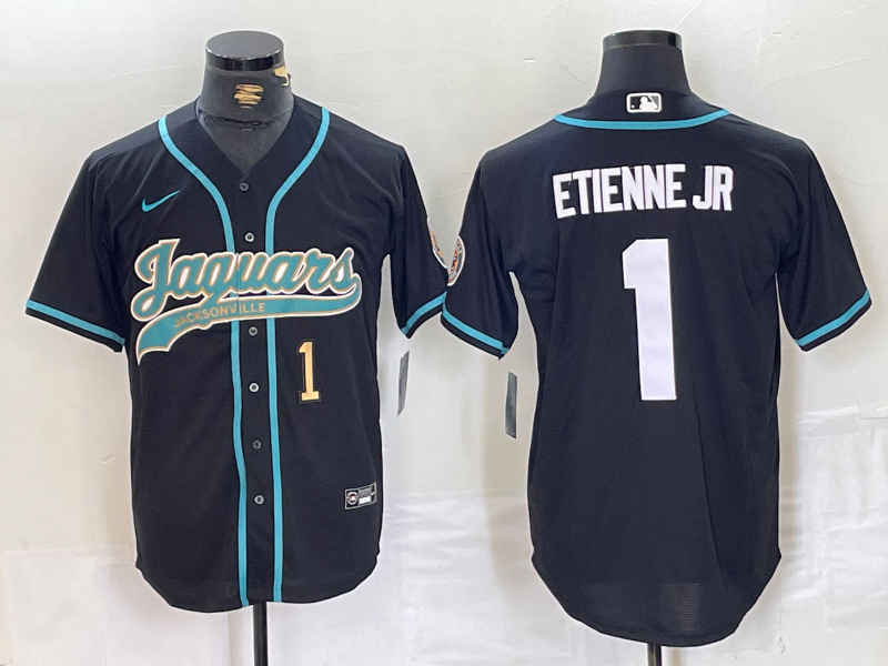 Personalized Men’s Jacksonville Jaguars #1 Travis Etienne Jr. Black With Patch Cool Base Stitched Baseball Jerseys