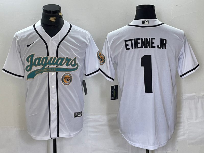 Personalized Men’s Jacksonville Jaguars #1 Travis Etienne Jr. White With Patch Cool Base Stitched Baseball Jerseys