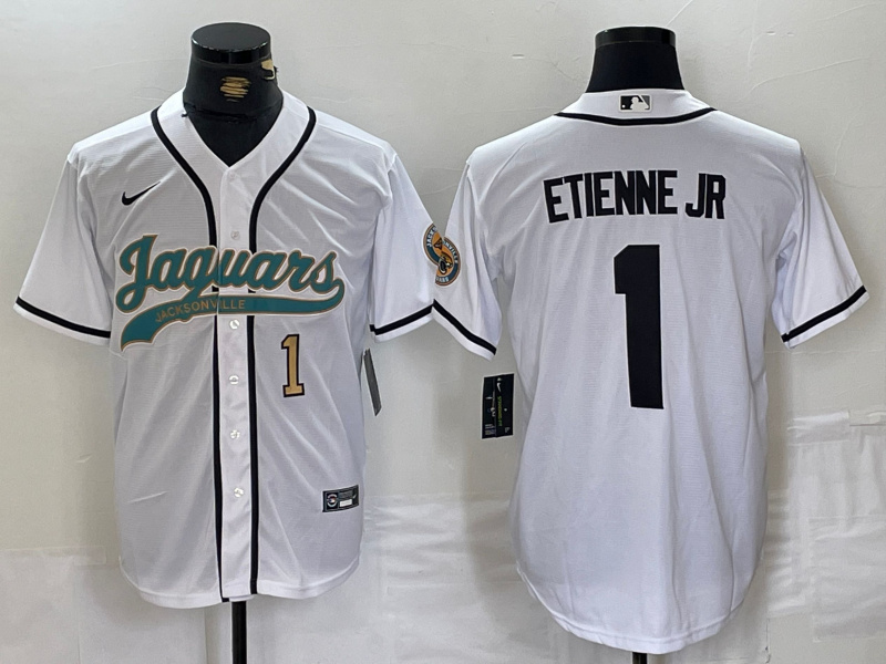 Personalized Men’s Jacksonville Jaguars #1 Travis Etienne Jr. White With Patch Cool Base Stitched Baseball Jerseys