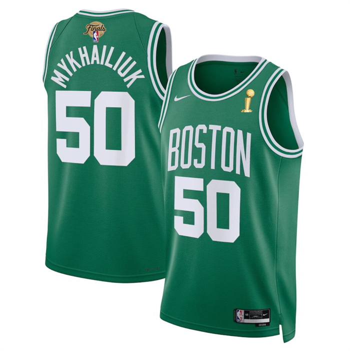 Personalized Men’s Boston Celtics #50 Svi Mykhailiuk Kelly Green 2024 Finals Champions Icon Edition Stitched Basketball Jersey
