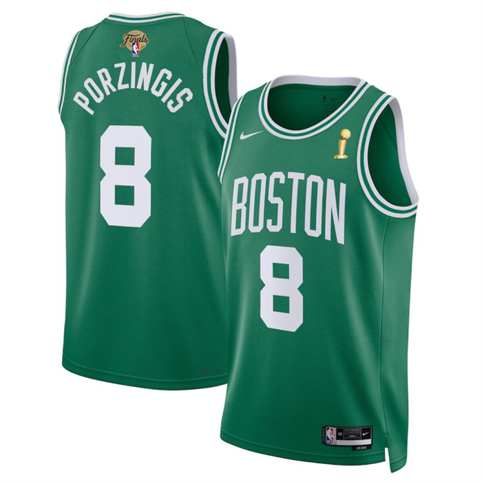 Personalized Men’s Boston Celtics #8 Kristaps Porzingis Kelly Green 2024 Finals Champions Icon Edition Stitched Basketball Jersey