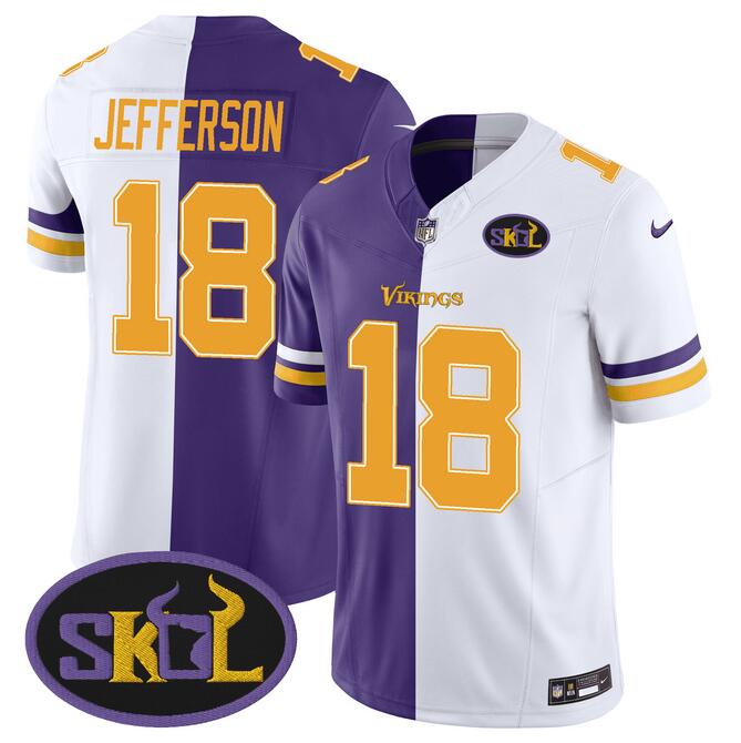 Personalized Men’s Minnesota Vikings #18 Justin Jefferson Purple White Split F.U.S.E SKOL Patch Stitched Jersey