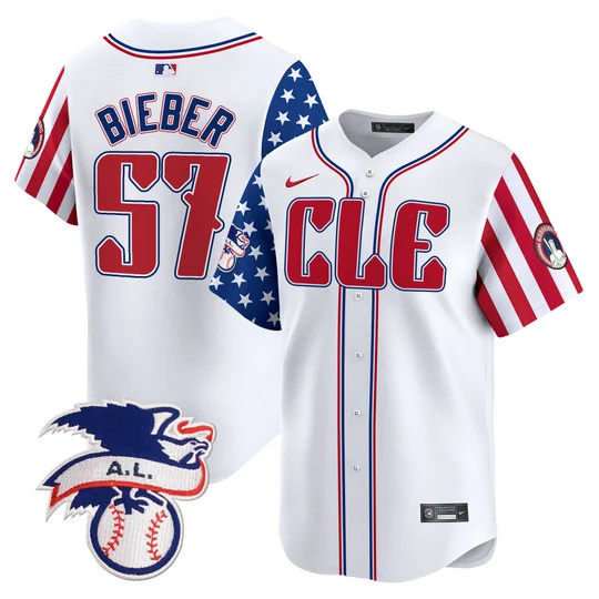 Personalized Men’s Cleveland Guardians #57 Shane Bieber White 2024 Fourth Of July Premier Limited Stitched Baseball Jersey