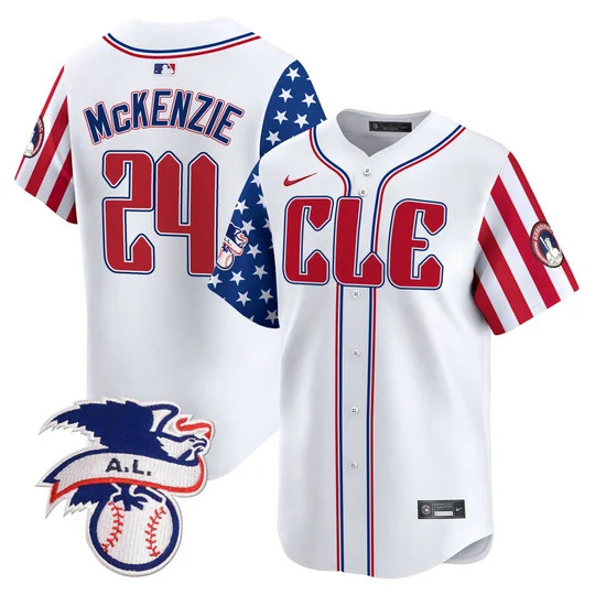 Personalized Men’s Cleveland Guardians #24 Triston McKenzie White 2024 Fourth Of July Premier Limited Stitched Baseball Jersey