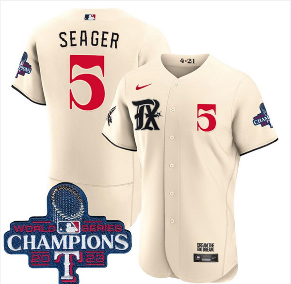Personalized Men’s Texas Rangers #5 Corey Seager Cream 2023 World Series Champions Stitched Baseball Jersey