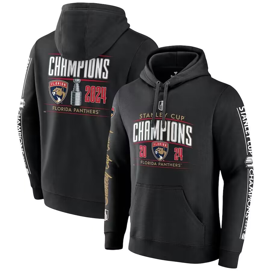 Personalized Men’s Florida Panthers Black 2024 Stanley Cup Champions Pinnacle Fleece Pullover Hoodie