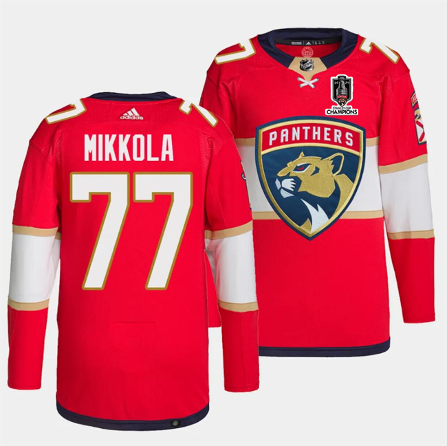 Personalized Men’s Florida Panthers #77 Niko Mikkola Red Home 2024 Stanley Cup Champions Stitched Jersey