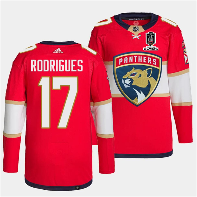 Personalized Men’s Florida Panthers #17 Evan Rodrigues Red Home 2024 Stanley Cup Champions Stitched Jersey