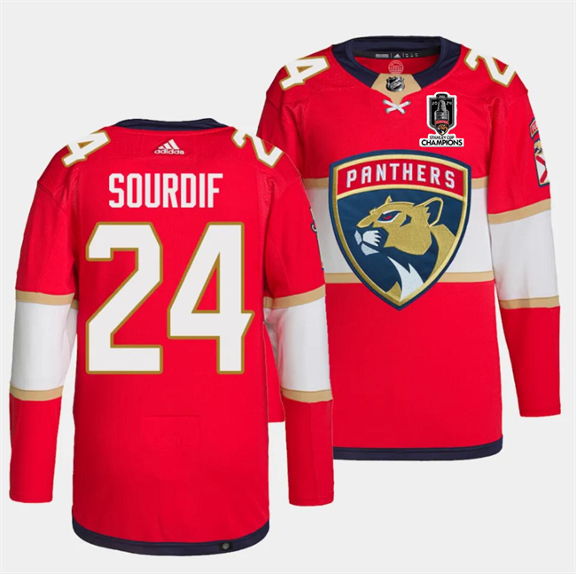Personalized Men’s Florida Panthers #24 Justin Sourdif Red Home 2024 Stanley Cup Champions Stitched Jersey